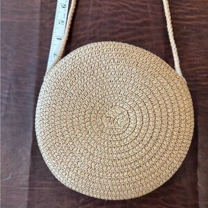 Tan Raffia Woven Circular Crossbody Bag with Spiral Design